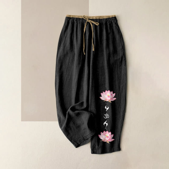 Buddha Stones Pantaloni da donna in puro cotone rosa con motivo OM Zen e elastico in vita, con tasche. - Nero - US16, UK/AU20, EU48 (3XL) - image 4