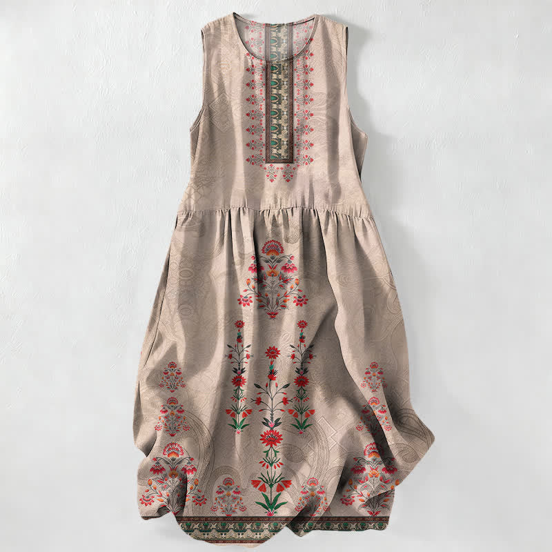 Buddha Stones Abito midi estivo da donna senza maniche con tasche, fantasia geometrica vintage e piccoli fiori rossi. - Tan - US16, UK/AU20, EU48 (3XL) - image 0