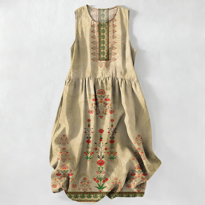 Buddha Stones Abito midi estivo da donna senza maniche con tasche, fantasia geometrica vintage e piccoli fiori rossi. - Verga d'oro pallida - US16, UK/AU20, EU48 (3XL) - image 4