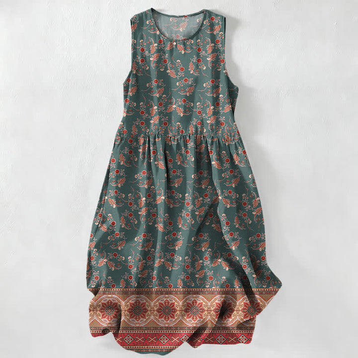 Buddha Stones Abito midi estivo casual da donna con bordo floreale vintage e tasche. - Verde mare - US16, UK/AU20, EU48 (3XL) - image 4