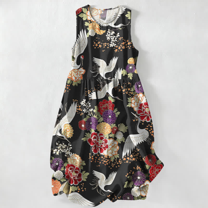 Buddha Stones Abito midi estivo casual da donna con stampa floreale vintage e gru, senza maniche e tasche. - Nero - US16, UK/AU20, EU48 (3XL) - image 0