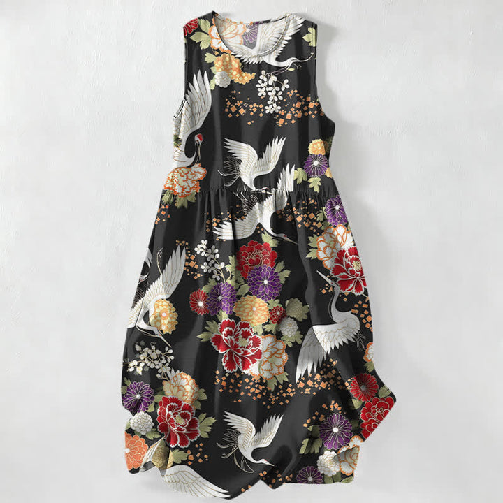 Buddha Stones Abito midi estivo casual da donna con stampa floreale vintage e gru, senza maniche e tasche. - Nero - US16, UK/AU20, EU48 (3XL) - image 0