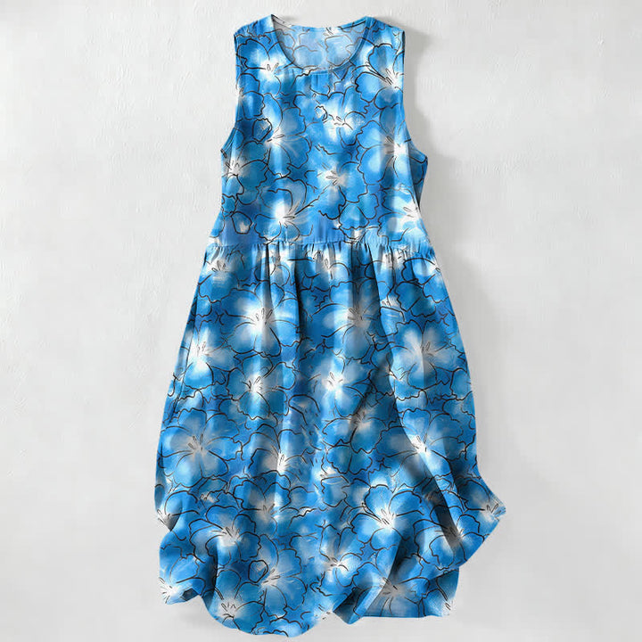 Buddha Stones Abito midi estivo casual da donna, bianco, con motivo floreale a petali, senza maniche e tasche. - Blu fiordaliso - US16, UK/AU20, EU48 (3XL) - image 0