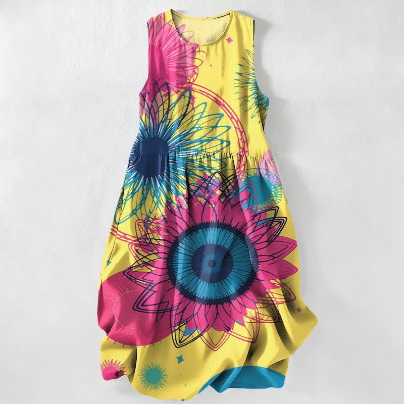 Buddha Stones Abito midi estivo casual da donna con stampa floreale a grandi girasoli e tasche. - Giallo - US16, UK/AU20, EU48 (3XL) - image 0