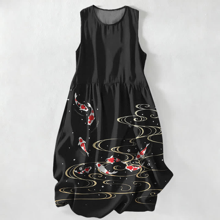Buddha Stones Abito midi estivo casual da donna con motivo a onde di pesci koi e tasche. - Nero - US16, UK/AU20, EU48 (3XL) - image 0