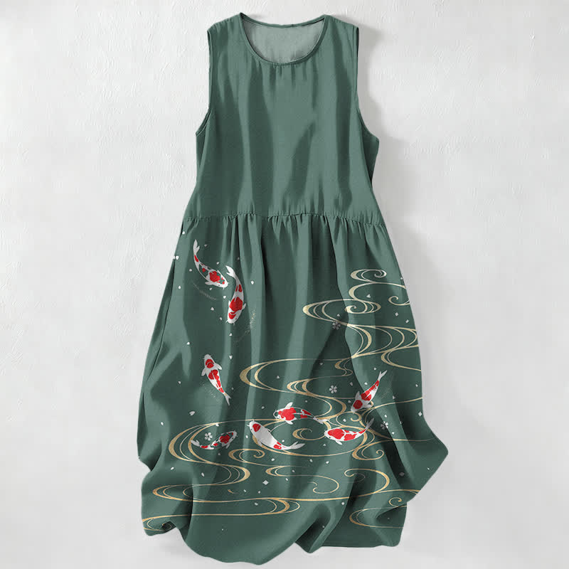Buddha Stones Abito midi estivo casual da donna con motivo a onde di pesci koi e tasche. - Verde mare - US16, UK/AU20, EU48 (3XL) - image 4