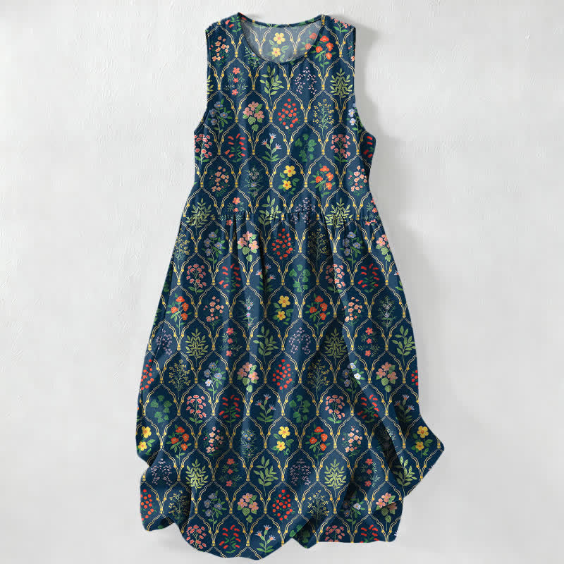 Buddha Stones Abito midi estivo casual da donna con motivo floreale e rampicante colorato, senza maniche e con tasche. - Blu notte - US16, UK/AU20, EU48 (3XL) - image 0