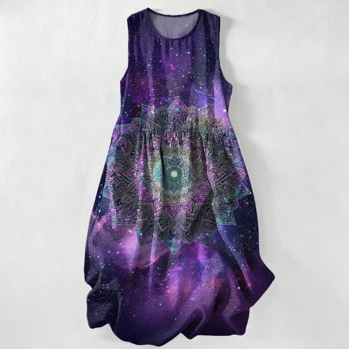 Buddha Stones Abito midi estivo casual da donna con motivo galattico mandala cosmico mandala e tasche. - Indaco - US16, UK/AU20, EU48 (3XL) - image 0