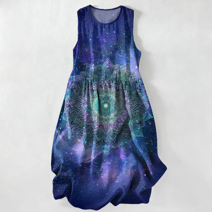 Buddha Stones Abito midi estivo casual da donna con motivo galattico mandala cosmico mandala e tasche. - Blu notte - US16, UK/AU20, EU48 (3XL) - image 5