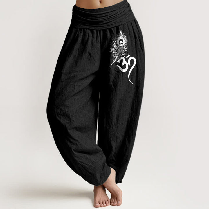 Buddha Stones Pantaloni harem da donna in puro cotone con motivo a piuma Om e vita elasticizzata. - Nero - US16, UK/AU20, EU48 (3XL) - image 5