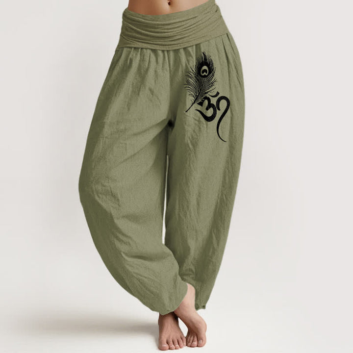 Buddha Stones Pantaloni harem da donna in puro cotone con motivo a piuma Om e vita elasticizzata. - Verde oliva - US16, UK/AU20, EU48 (3XL) - image 11