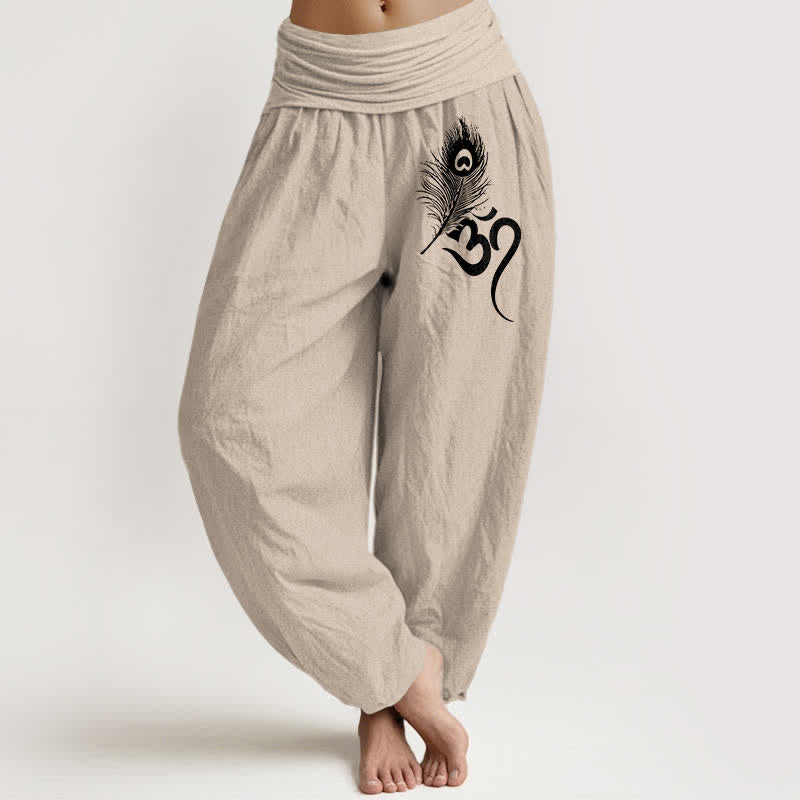 Buddha Stones Pantaloni harem da donna in puro cotone con motivo a piuma Om e vita elasticizzata. - Tan - US16, UK/AU20, EU48 (3XL) - image 14