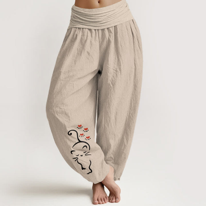 Buddha Stones Pantaloni harem da donna in puro cotone con stampa a cartoni animati e elastico in vita. - Tan - US16, UK/AU20, EU48 (3XL) - image 0