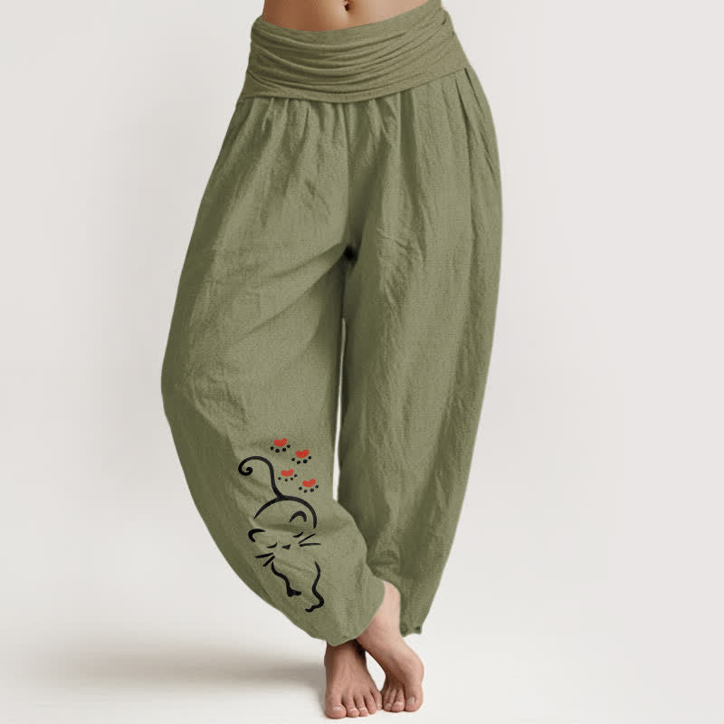 Buddha Stones Pantaloni harem da donna in puro cotone con stampa a cartoni animati e elastico in vita. - Verde oliva - US16, UK/AU20, EU48 (3XL) - image 14