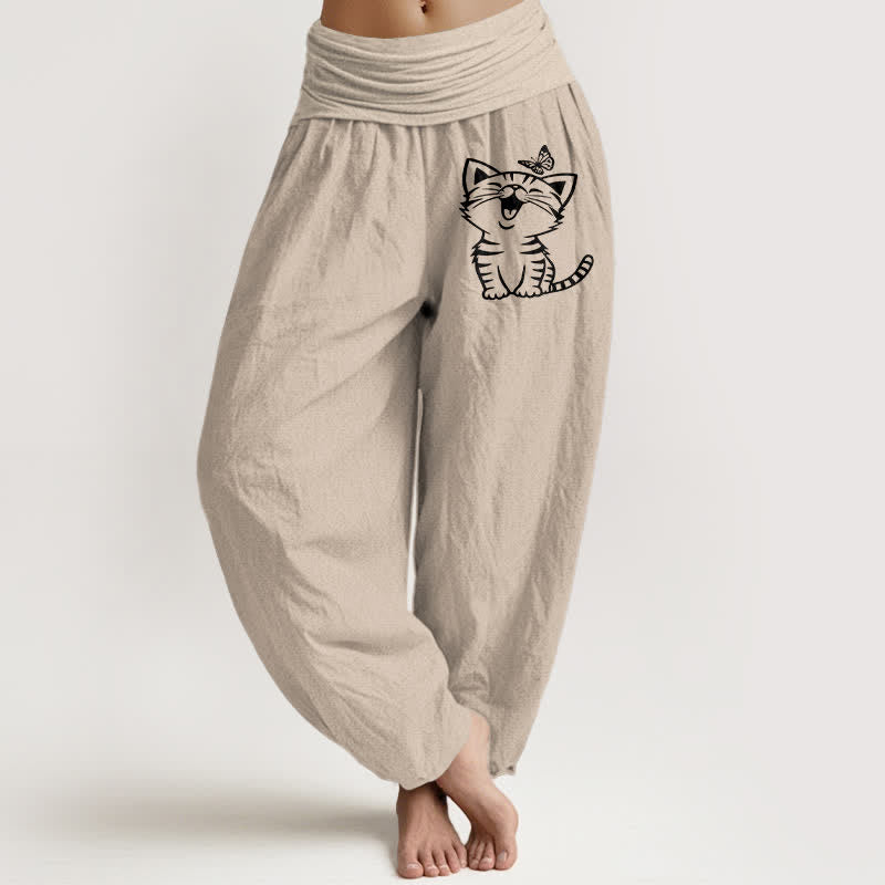 Buddha Stones Pantaloni harem da donna in puro cotone con motivo gatto e farfalla, vita elasticizzata. - Tan - US16, UK/AU20, EU48 (3XL) - image 14
