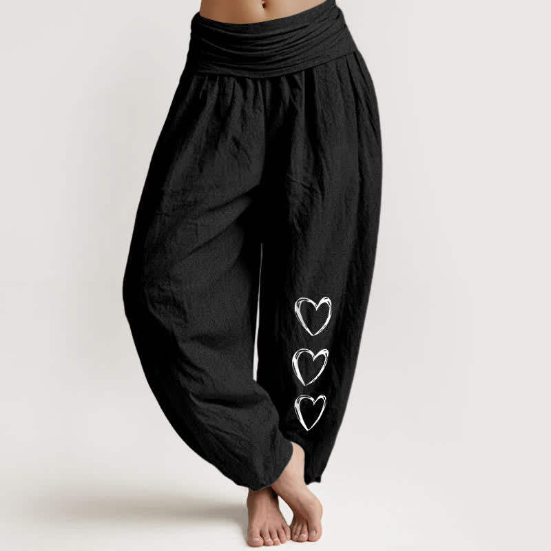 Buddha Stones Pantaloni harem da donna in puro cotone con elastico in vita e fantasia a tre cuori. - Nero - US16, UK/AU20, EU48 (3XL) - image 0