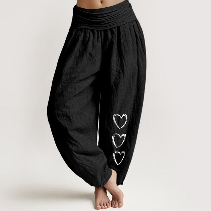 Buddha Stones Pantaloni harem da donna in puro cotone con elastico in vita e fantasia a tre cuori. - Nero - US16, UK/AU20, EU48 (3XL) - image 0