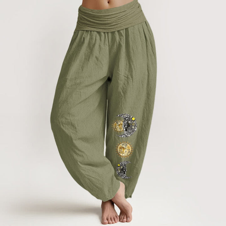 Buddha Stones Pantaloni harem da donna in puro cotone con motivo sole e luna e vita elasticizzata. - Verde oliva - US16, UK/AU20, EU48 (3XL) - image 11