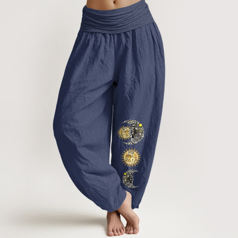 Buddha Stones Pantaloni harem da donna in puro cotone con motivo sole e luna e vita elasticizzata. - Blu ardesia scuro - US16, UK/AU20, EU48 (3XL) - image 5