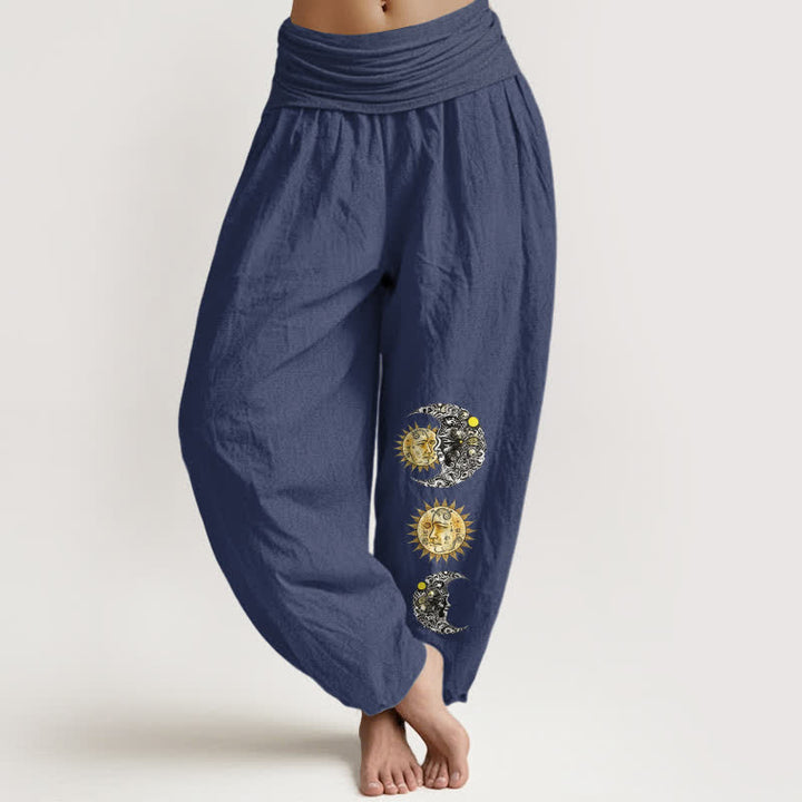 Buddha Stones Pantaloni harem da donna in puro cotone con motivo sole e luna e vita elasticizzata. - Blu ardesia scuro - US16, UK/AU20, EU48 (3XL) - image 5