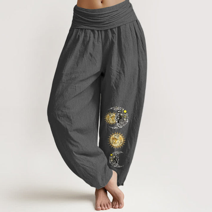 Buddha Stones Pantaloni harem da donna in puro cotone con motivo sole e luna e vita elasticizzata. - Grigio tenue - US16, UK/AU20, EU48 (3XL) - image 8