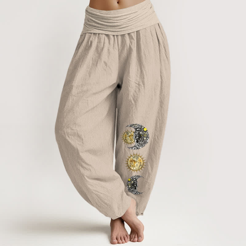 Buddha Stones Pantaloni harem da donna in puro cotone con motivo sole e luna e vita elasticizzata. - Tan - US16, UK/AU20, EU48 (3XL) - image 14