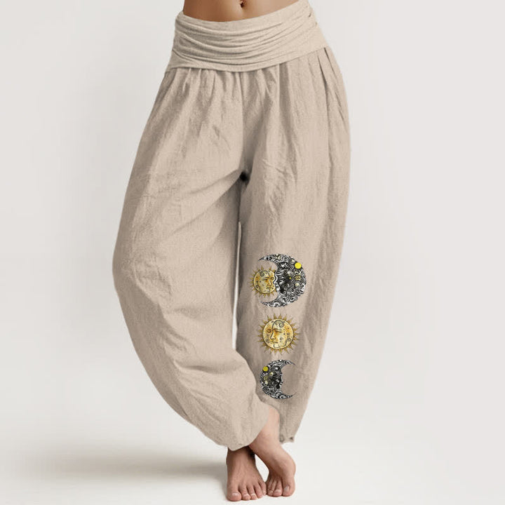 Buddha Stones Pantaloni harem da donna in puro cotone con motivo sole e luna e vita elasticizzata. - Tan - US16, UK/AU20, EU48 (3XL) - image 14