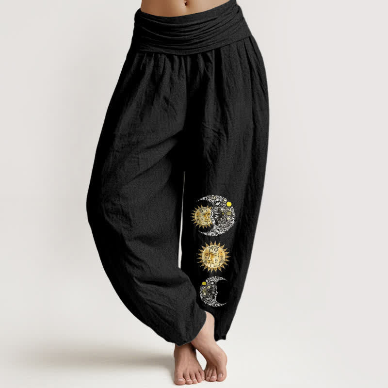 Buddha Stones Pantaloni harem da donna in puro cotone con motivo sole e luna e vita elasticizzata. - Nero - US16, UK/AU20, EU48 (3XL) - image 0