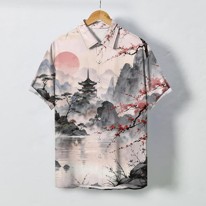 Buddha Stones Camicia da uomo a maniche corte traspirante con motivo floreale e padiglioni, ispirata al paesaggio, con bottoni. - Biancheria - US/UK/AU48, EU58 (4XL) - image 0
