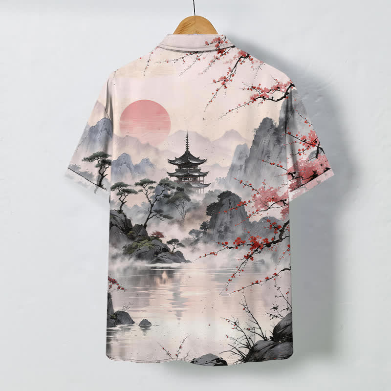 Buddha Stones Camicia da uomo a maniche corte traspirante con motivo floreale e padiglioni, ispirata al paesaggio, con bottoni. - image 1