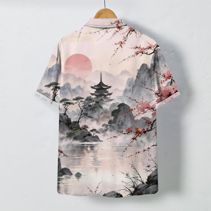 Buddha Stones Camicia da uomo a maniche corte traspirante con motivo floreale e padiglioni, ispirata al paesaggio, con bottoni. - image 1