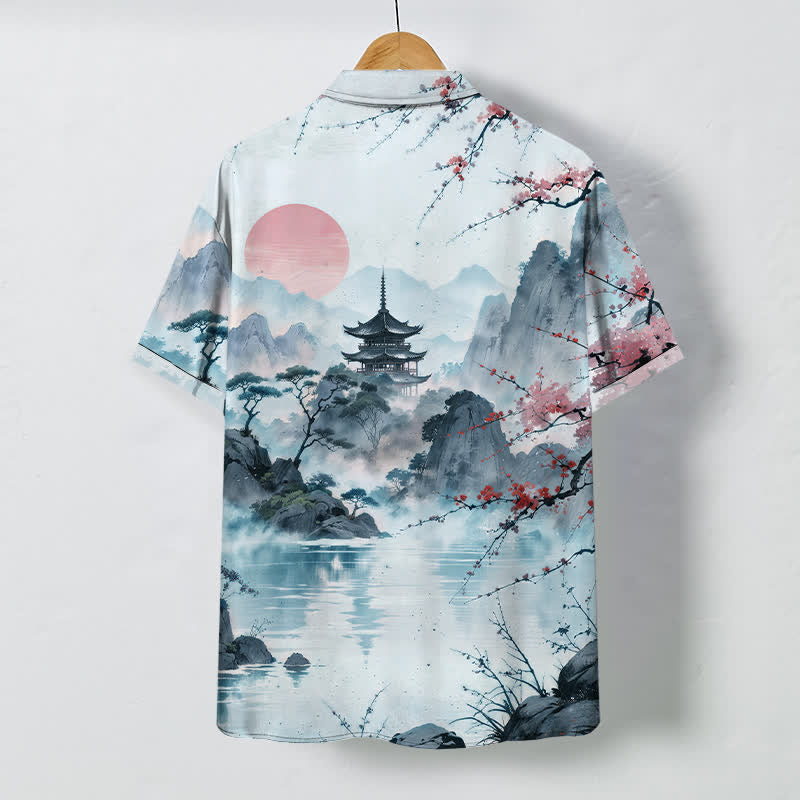 Buddha Stones Camicia da uomo a maniche corte traspirante con motivo floreale e padiglioni, ispirata al paesaggio, con bottoni. - image 6