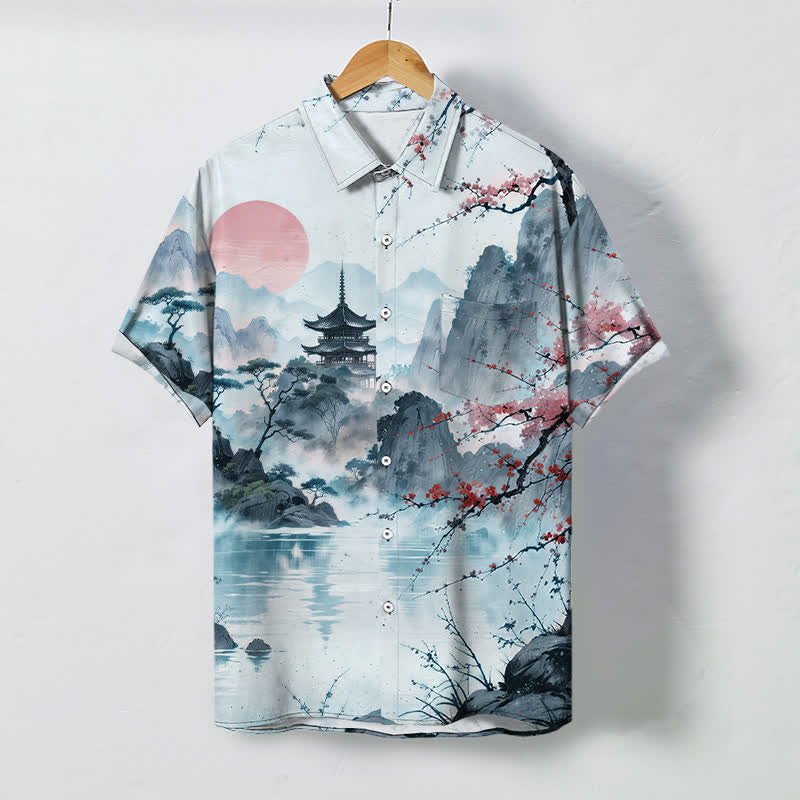 Buddha Stones Camicia da uomo a maniche corte traspirante con motivo floreale e padiglioni, ispirata al paesaggio, con bottoni. - Azzurro chiaro - US/UK/AU48, EU58 (4XL) - image 5