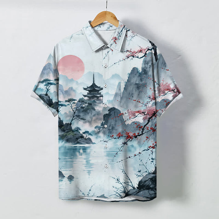 Buddha Stones Camicia da uomo a maniche corte traspirante con motivo floreale e padiglioni, ispirata al paesaggio, con bottoni. - Azzurro chiaro - US/UK/AU48, EU58 (4XL) - image 5
