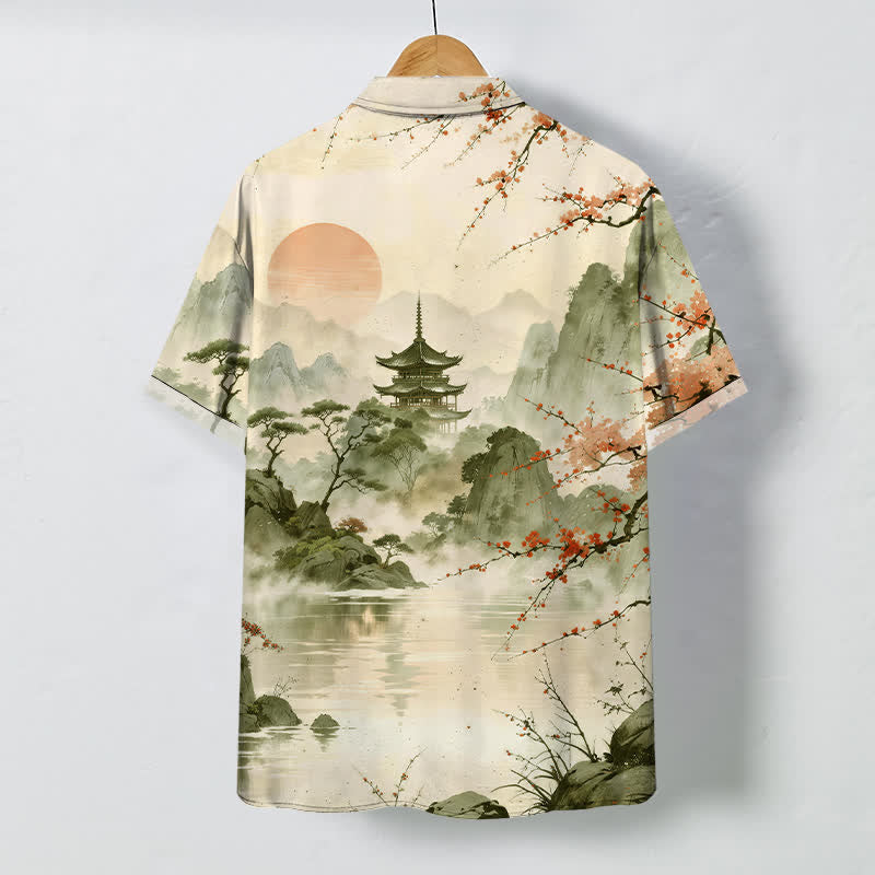 Buddha Stones Camicia da uomo a maniche corte traspirante con motivo floreale e padiglioni, ispirata al paesaggio, con bottoni. - image 8
