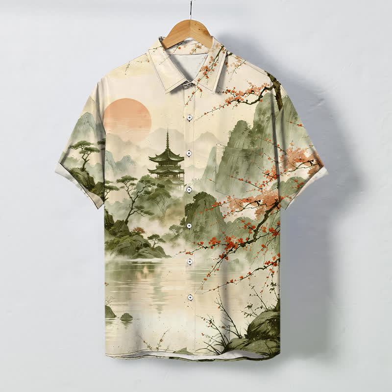 Buddha Stones Camicia da uomo a maniche corte traspirante con motivo floreale e padiglioni, ispirata al paesaggio, con bottoni. - Beige - US/UK/AU48, EU58 (4XL) - image 7