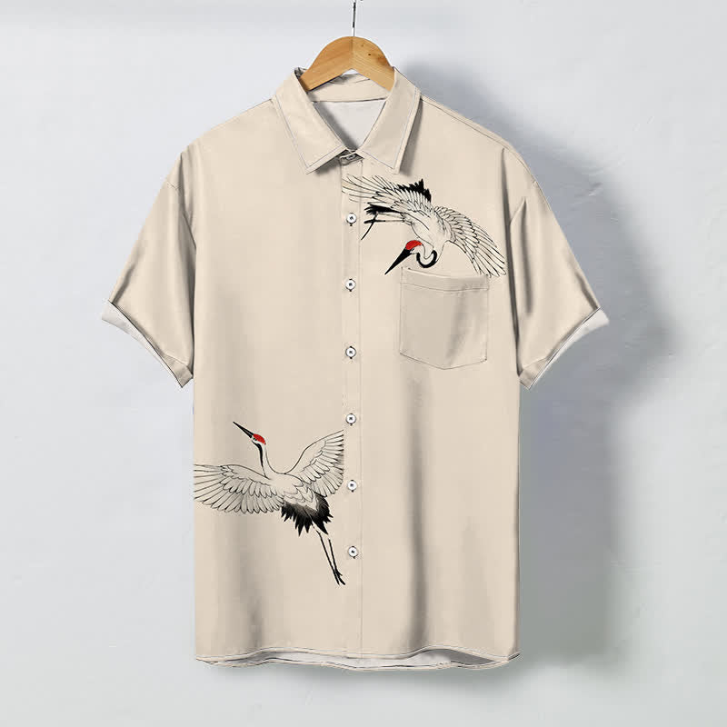 Buddha Stones Camicia da uomo a maniche corte traspirante con bottoni e motivo gru bianca in volo. - Beige - US/UK/AU48, EU58 (4XL) - image 5