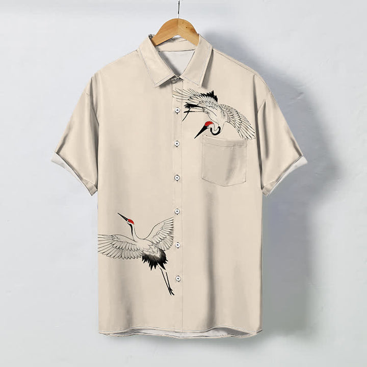 Buddha Stones Camicia da uomo a maniche corte traspirante con bottoni e motivo gru bianca in volo. - Beige - US/UK/AU48, EU58 (4XL) - image 5