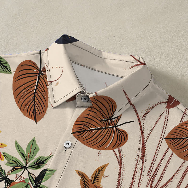 Buddha Stones Camicia da uomo a maniche corte traspirante con bottoni e motivo floreale tropicale a foglie. - image 2