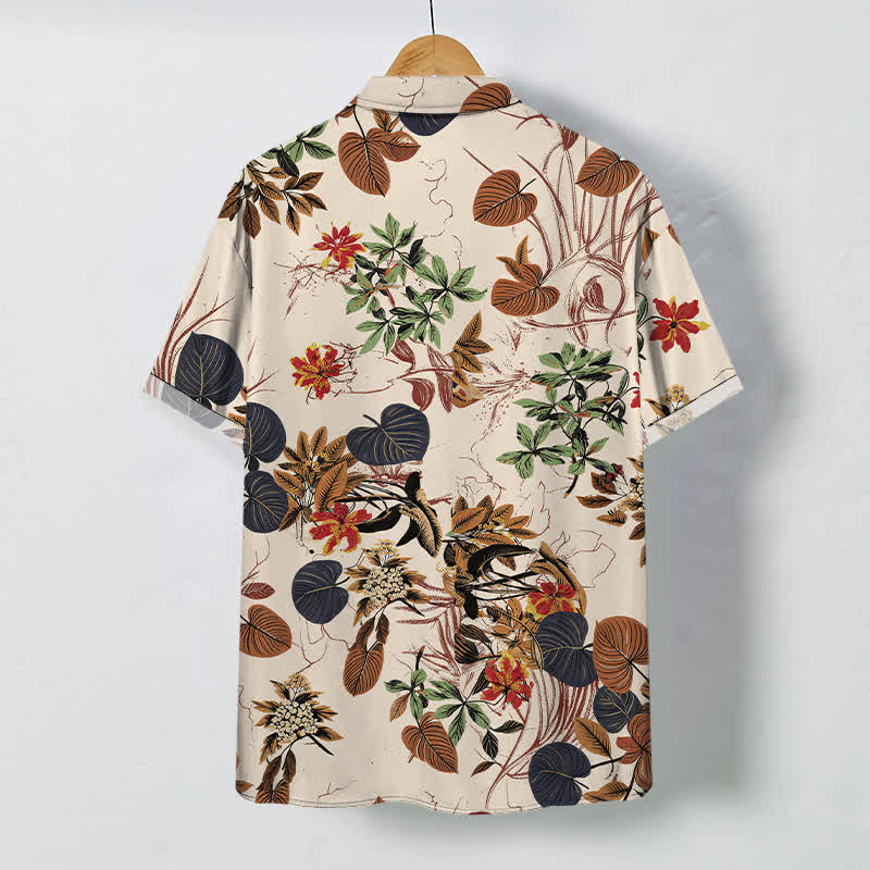 Buddha Stones Camicia da uomo a maniche corte traspirante con bottoni e motivo floreale tropicale a foglie. - image 1