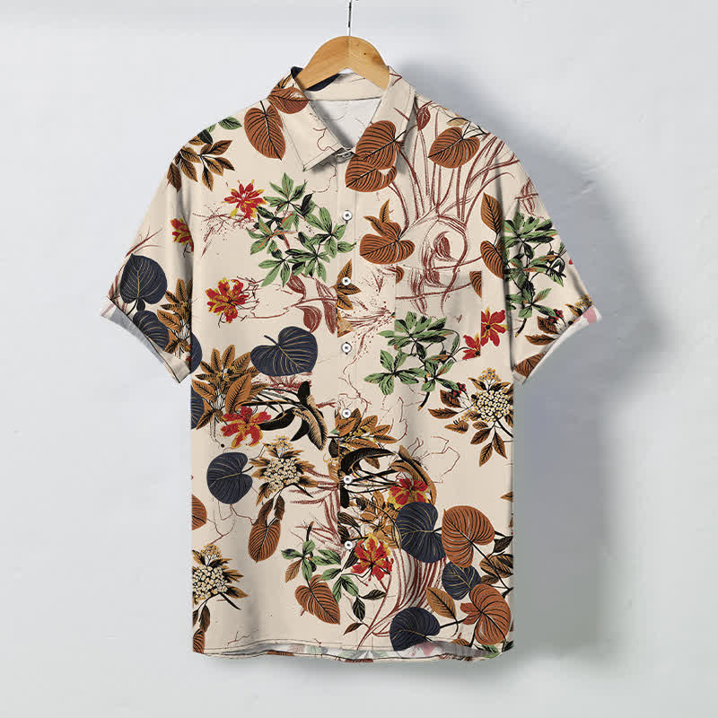Buddha Stones Camicia da uomo a maniche corte traspirante con bottoni e motivo floreale tropicale a foglie. - Biancheria - US/UK/AU48, EU58 (4XL) - image 0