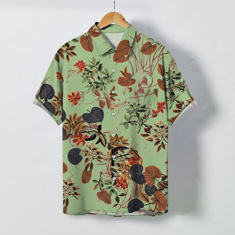 Buddha Stones Camicia da uomo a maniche corte traspirante con bottoni e motivo floreale tropicale a foglie. - Verde pallido - US/UK/AU48, EU58 (4XL) - image 5