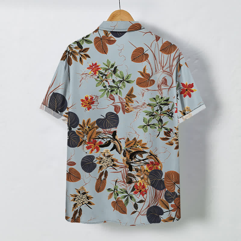 Buddha Stones Camicia da uomo a maniche corte traspirante con bottoni e motivo floreale tropicale a foglie. - image 8