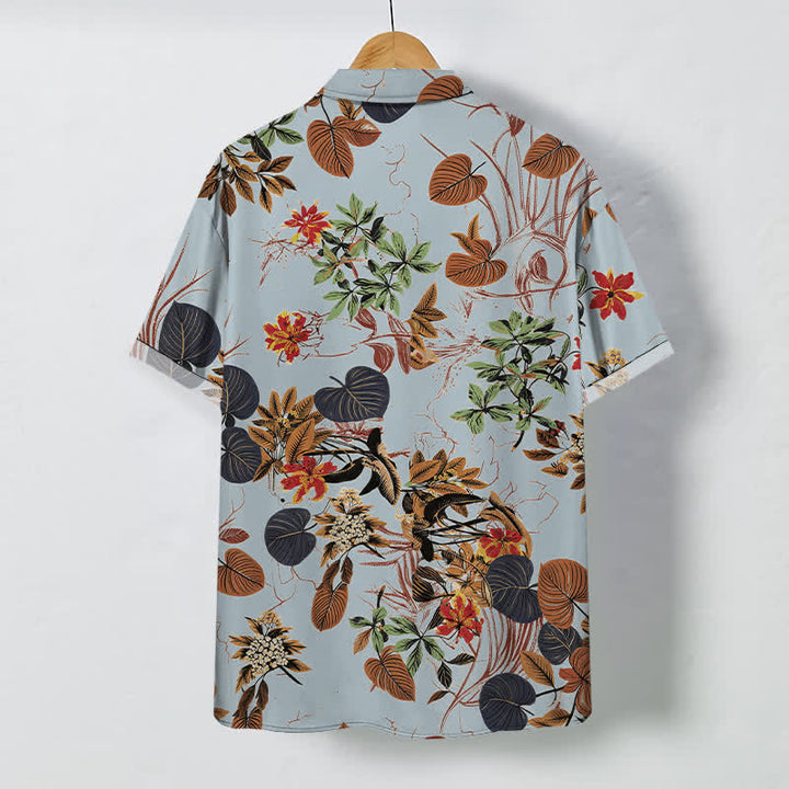 Buddha Stones Camicia da uomo a maniche corte traspirante con bottoni e motivo floreale tropicale a foglie. - image 8