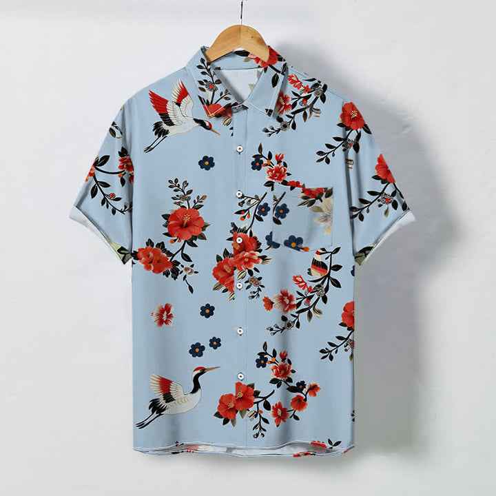 Buddha Stones Camicia da uomo a maniche corte traspirante con bottoni e motivo a rami di gru in fiore. - Azzurro chiaro - US/UK/AU48, EU58 (4XL) - image 3