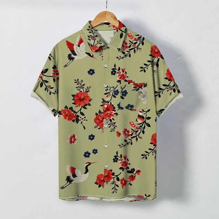 Buddha Stones Camicia da uomo a maniche corte traspirante con bottoni e motivo a rami di gru in fiore. - Cachi scuro - US/UK/AU48, EU58 (4XL) - image 5