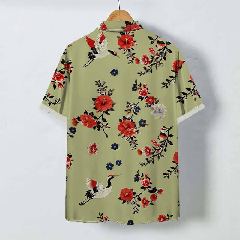 Buddha Stones Camicia da uomo a maniche corte traspirante con bottoni e motivo a rami di gru in fiore. - image 6
