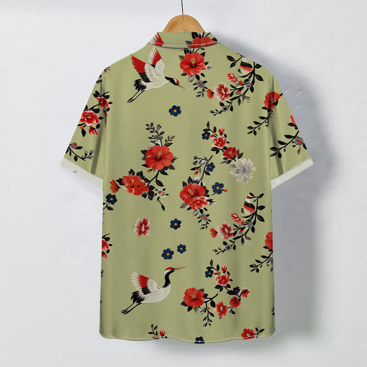Buddha Stones Camicia da uomo a maniche corte traspirante con bottoni e motivo a rami di gru in fiore. - image 6
