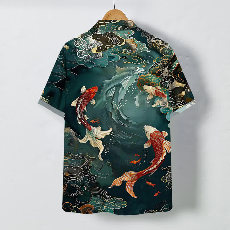 Buddha Stones Camicia da uomo a maniche corte traspirante con bottoni e motivo a onde e nuvole di pesci koi in stile vintage. - image 1