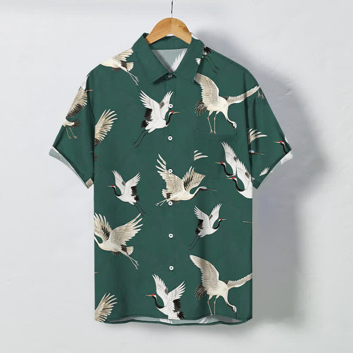 Buddha Stones Camicia da uomo a maniche corte traspirante con bottoni e motivo a gru bianca. - Verde acqua - US/UK/AU48, EU58 (4XL) - image 7